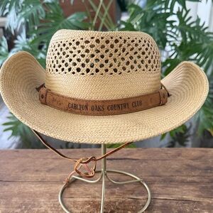 Vintage Carlton Oaks Country Club Straw Cowboy Hat Aztec Leather Band Ties - M/L